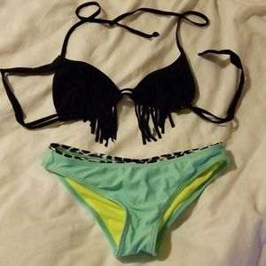 Black and Teal Bikini / Swimsuit with Fringe